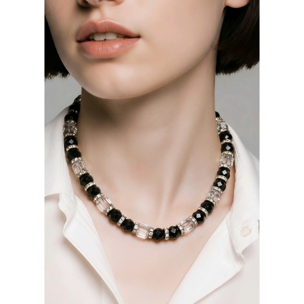 Black Clear Faceted Glass Beaded Necklace Rhinestone Spacers 18"‎ T Closure